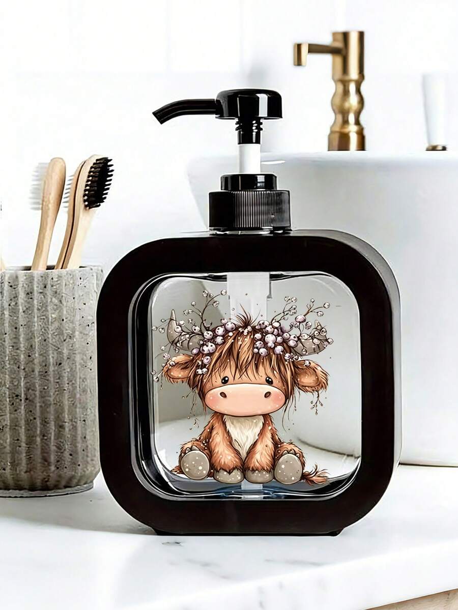 Cute Highland Cow Floral Pattern Bathroom Dispenser Bottle, Creative Home Decor For Bathroom & Kitchen Sink, Suitable For Hand Wash, Sanitizer, Body Wash - Creative Lotion Bottle, Lotion Dispenser - Multicolor - View 1