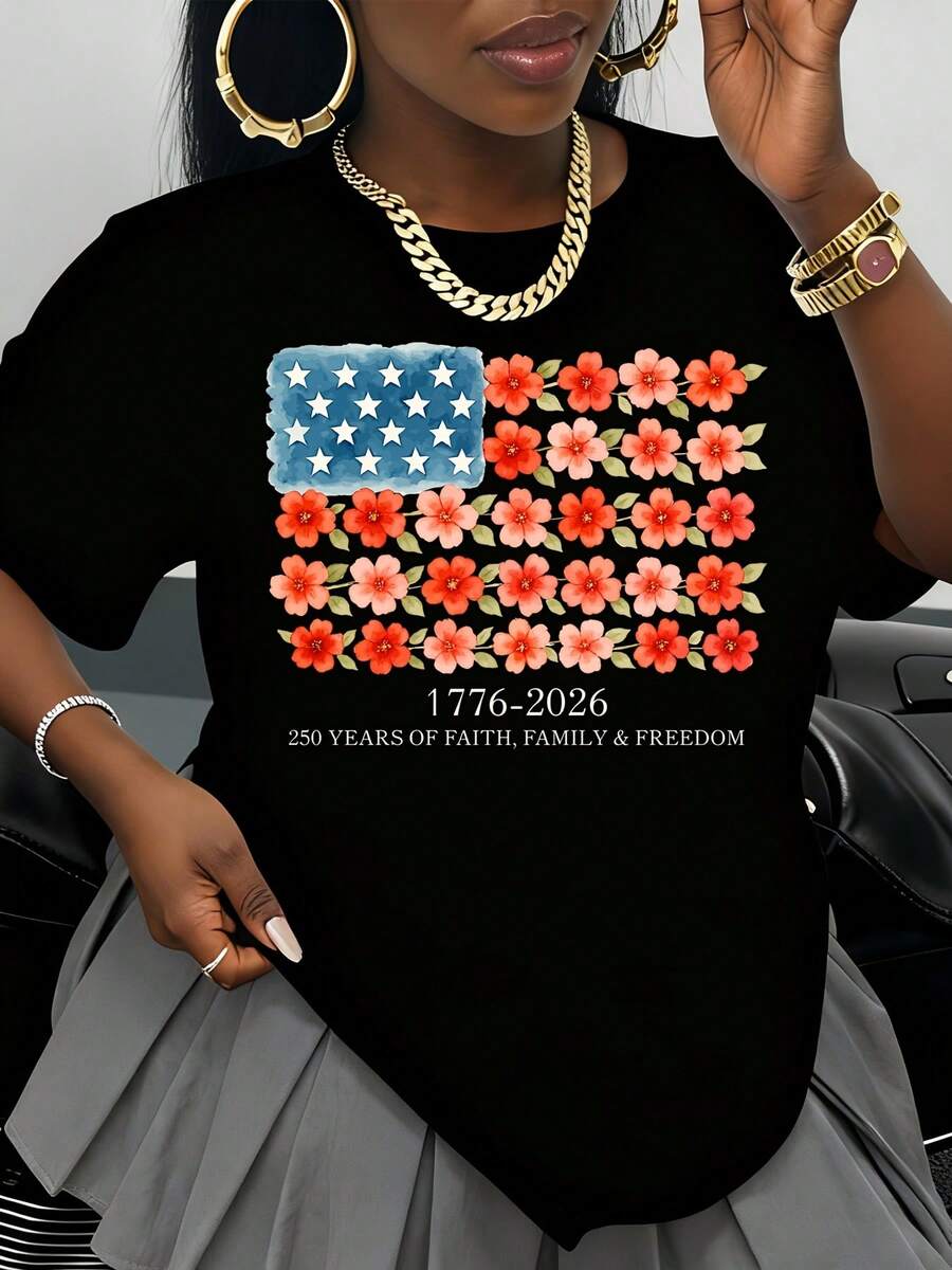 Independence Day Women Round Neck Plus Size T-Shirt Floral American Flag 1776 2026 250 Years Of Faith Family Freedom Design Casual Summer Wear - 黑色 - 查看 1