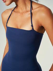 UONNOU 女款方領露背運動喇叭褲連身褲，高腰收腹提臀蜜桃臀健身瑜珈運動夏季款 - 藏蓝色 - 查看 5