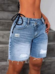 Women's Summer Washed Denim Shorts, Distressed Fringe Asymmetric Waist Design, Casual Streetwear Style, Y2K Sexy Look, Suitable For Dates, Beach And Daily Wear - Blue - View 4