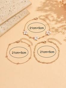 3pcs/Set Handmade Simple Chain White Glazed Flower Anklet, Suitable For Daily Wear, Beach Vacation, Travel, And Dating. Handmade Chain Length And Bead Quantity Are Random. - Gold - View 4