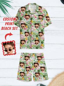 Custom Men's Hawaiian Shirt And Shorts Set, Brazilian Collar Button-Down Shirt + Beach Shorts Combination, Personalized Men's Holiday Outfit, Funny Face Design, Suitable For Casual Daily Wear And Holiday Outfits, Unique Gift For Boyfriend, Family, Friends - Multicolor - View 4