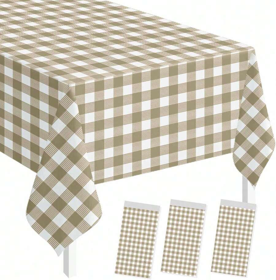 - Juego de 3 manteles rectangulares de cuadros marrones de 54 x 108 pulgadas, color café y blanco, mantel desechable, a cuadros, plástico para cumpleaños, baby shower, picnic, suministros de - Mantel de cuadros marrones - Ver 1