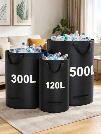 1 túi đựng rác làm vườn dung tích lớn (300L/120L/500L/270L) màu đen, được làm từ vải chất lượng công nghiệp, thích hợp để thu gom cỏ cắt, lá cây, cành cây, cỏ vụn, chống rách, có thể sử dụng với thùng rác tiêu chuẩn và các túi dệt lớn, có thể gấp gọn để cất giữ, thích hợp để đựng chai nhựa, bền và dễ vệ sinh, không cần nguồn điện.