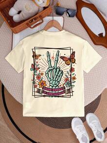 Modern Minimalist T-Shirt For Young Girl, Casual, Elegant, Comfortable, Simple, Fashionable, With Floral, Letter And Star Print, Short Sleeve, For Spring, Summer, School, Campus, Summer Vacation At University. - 杏子 2 - 查看 2