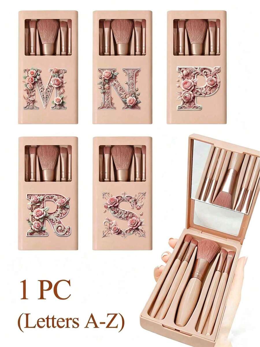 Portable Makeup Brush Set With Mirror, A-Y Floral & Letter Design, Multifunctional Makeup Brush Set In Box, Multifunctional Makeup Brush Set With Mirror Box, Mini Multifunctional Makeup Brushes, Foundation Brush, Eyeshadow Brush - Multicolor - View 1