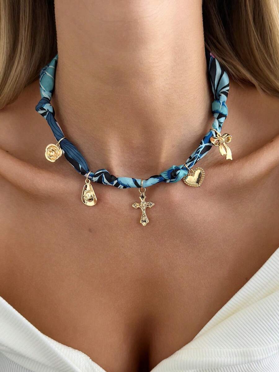 1pc Bohemian Vintage Bow, Heart, Flower, Cross Pendant Print Scarf Charm Metal Necklace, Luxurious Elegant Casual Minimalist Streetwear, Suitable For Wedding, Holiday, Party, Birthday, Couple, Versatile Fashion Necklace Gift For Women