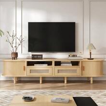 Oval TV Stand 170*40*40 Cm, TV Table, TV Cabinet With 2 Rattan Design Drawers, 2 Sliding Doors, Low Table And TV Table For TVs Up To 70 Inches, TV Board And TV Chest, Wood Color. - 駝色 - 查看 12