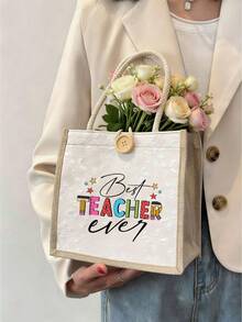 「Best Teacher」花卉字母印花亞麻托特包，教師禮物，可重複使用印花購物袋，適合通勤與開學季 - 彩色 - 查看 5