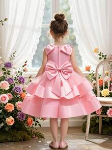 Young Girls' Sleeveless Tulle & Satin Bow Back Elegant Formal Party Dress, Suitable For Flower Girl, Wedding, Banquet, Does Not Include Headband - Pink - View 5