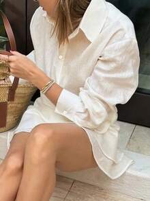Bộ áo sơ mi và chân váy thanh lịch dành cho nữ, màu trơn, thắt eo cài nút phía trước thanh lịch, phù hợp mặc đi làm, mặc hàng ngày, hẹn hò, đi sân bay, xuân/thu - Mơ trắng - Xem 7