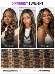 MEGALOOK Balayage Highlight 13x6 Lace Front Wavy Curl 100% Human Hair Glueless Drawstring Wig 180% Density Pre-Plucked Transparent Lace Front Natural Hairline - Multicolor - View 9