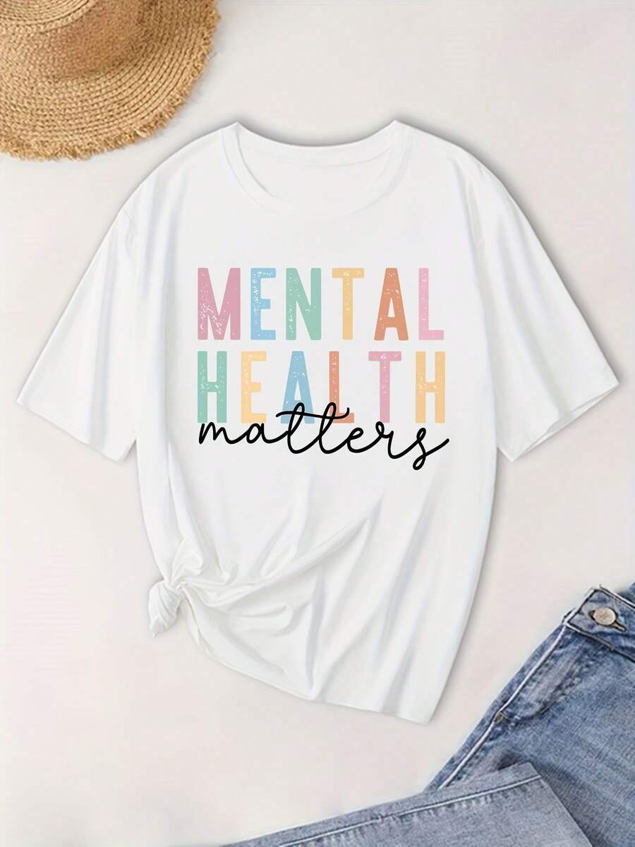 Camiseta de Moda de Cuello Redondo Oversize con Manga Corta y Letras MENTAL para Tallas Grandes