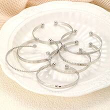 7pcs European And American Luxury Exaggerated Personalized Wide Arrow Rhombus Pattern Twisted Open Bangle Bracelet Set For Women, Layered Style - Silver - View 4