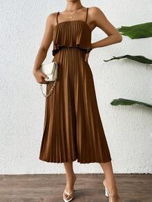 Vestido Midi Marrón Tirantes Finos con Pliegues, Estilo Casual - Marrón - Ver 3