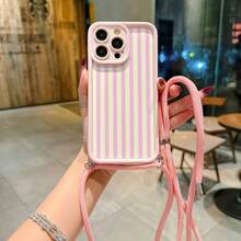 Convenient Lanyard Phone Case With Adjustable Lanyard And Shoulder Strap, Vibrant Pink Vertical Striped, Lightweight Shockproof TPU Protective Case For Apple Phones - Multicolor - View 4