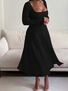 Floreya Plus Size Elegant Casual Daily Commute Spring/Summer New Short Sleeve Fitted Dress, French Retro High-End Elegant Slimming Dress Black - Black - View 1