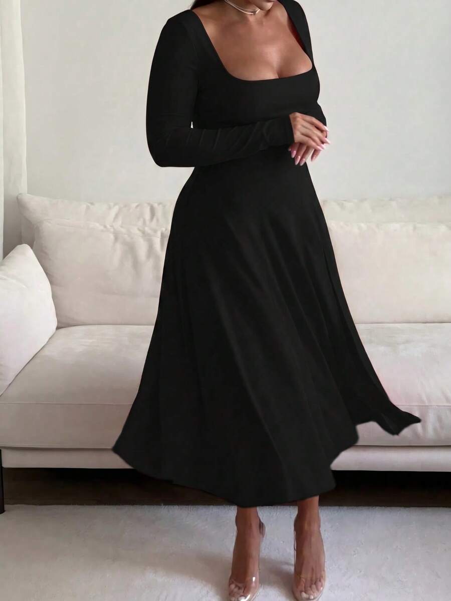 Floreya Plus Size Elegant Casual Daily Commute Spring/Summer New Short Sleeve Fitted Dress, French Retro High-End Elegant Slimming Dress Black - Black - View 1