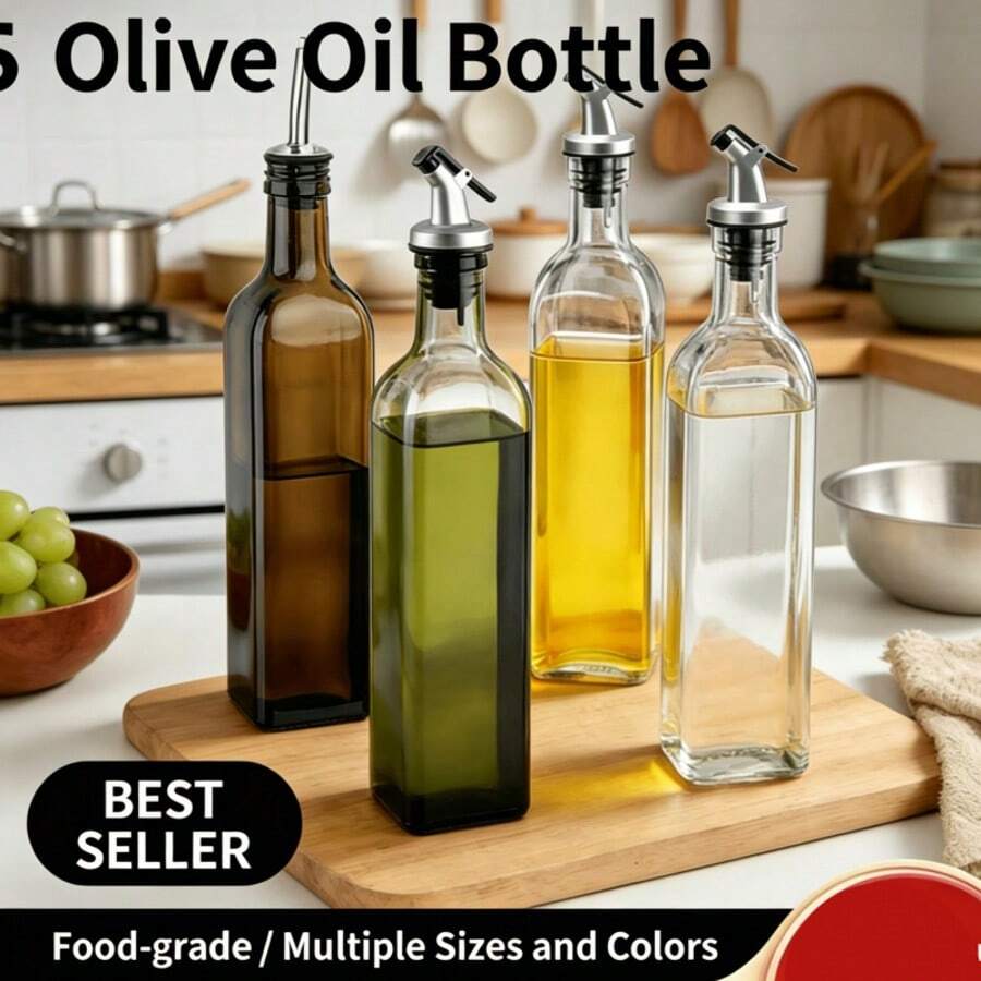 500ml Large Capacity Square Glass Oil Bottle, Suitable For Olive Oil, Soy Sauce, Vinegar And Other Liquid Seasonings; Tidy Kitchen Storage, Portable For Travel, Modern Kitchen Practical Oil Pouring Tool, More Efficient Cooking And Storage. - Multicolor - View 1