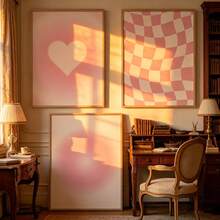 3幅现代简约粉色爱心帆布墙画海报，适用于房间家居装饰，美观实用，可选画框，复古风格，爱心渐变格纹印花，梦幻主题，春夏墙面装饰，适用于客厅、卧室、餐厅等室内空间，竖向无框画作及艺术印刷品，也适用于浴室、厨房、客厅、卧室、办公室等装饰。 - 多色 - 查看 7