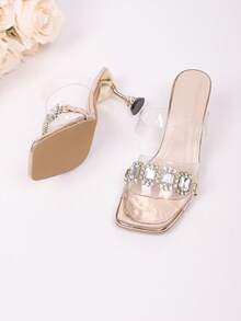Women's Shiny Rhinestone Decor Transparent Square Toe High Heel Sandals, Suitable For Daily Wear, Dates, Parties, Weddings, Vacations - Gold - View 7