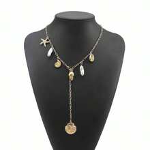 1 chiếc vòng cổ hình chữ Y phong cách Bohemian lấy cảm hứng từ sao biển và vỏ sò, có thể điều chỉnh kích thước, làm từ ngọc trai giả và vỏ sò. - Vàng - Xem 5