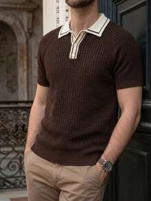 Camisa polo de punto de malla transpirable de corte holgado para hombre con botonadura de color contrastante, versátil para negocios, viajes y uso diario, suéter ligero de manga corta en marrón - Marrón - Ver 1