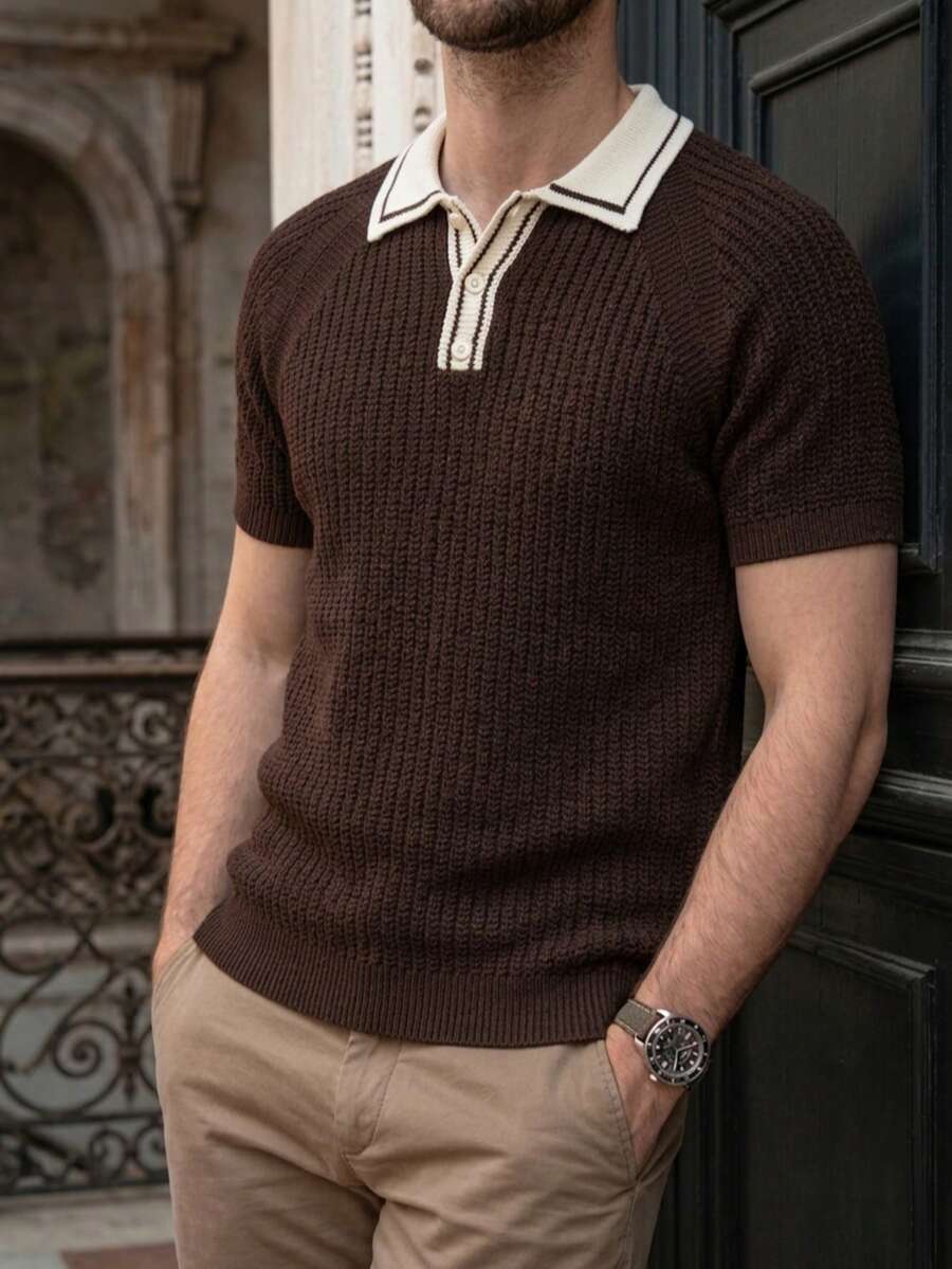 Camisa polo de punto de malla transpirable de corte holgado para hombre con botonadura de color contrastante, versátil para negocios, viajes y uso diario, suéter ligero de manga corta en marrón - Marrón - Ver 1
