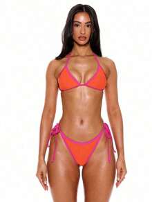 Top de Bikini Triangular con Cuello Halter y Ribete en Contraste de  Resort, Top, Verano, Primavera, Vacaciones,, Ropa de Playa Ibiza, Color Sólido - Multicolor - Ver 6