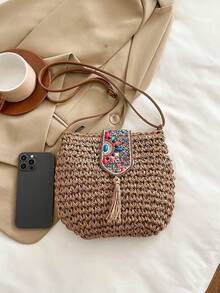 Summer Fashion Versatile Casual Handwoven Large Capacity Beach Straw Crossbody Bag - Khaki - View 4