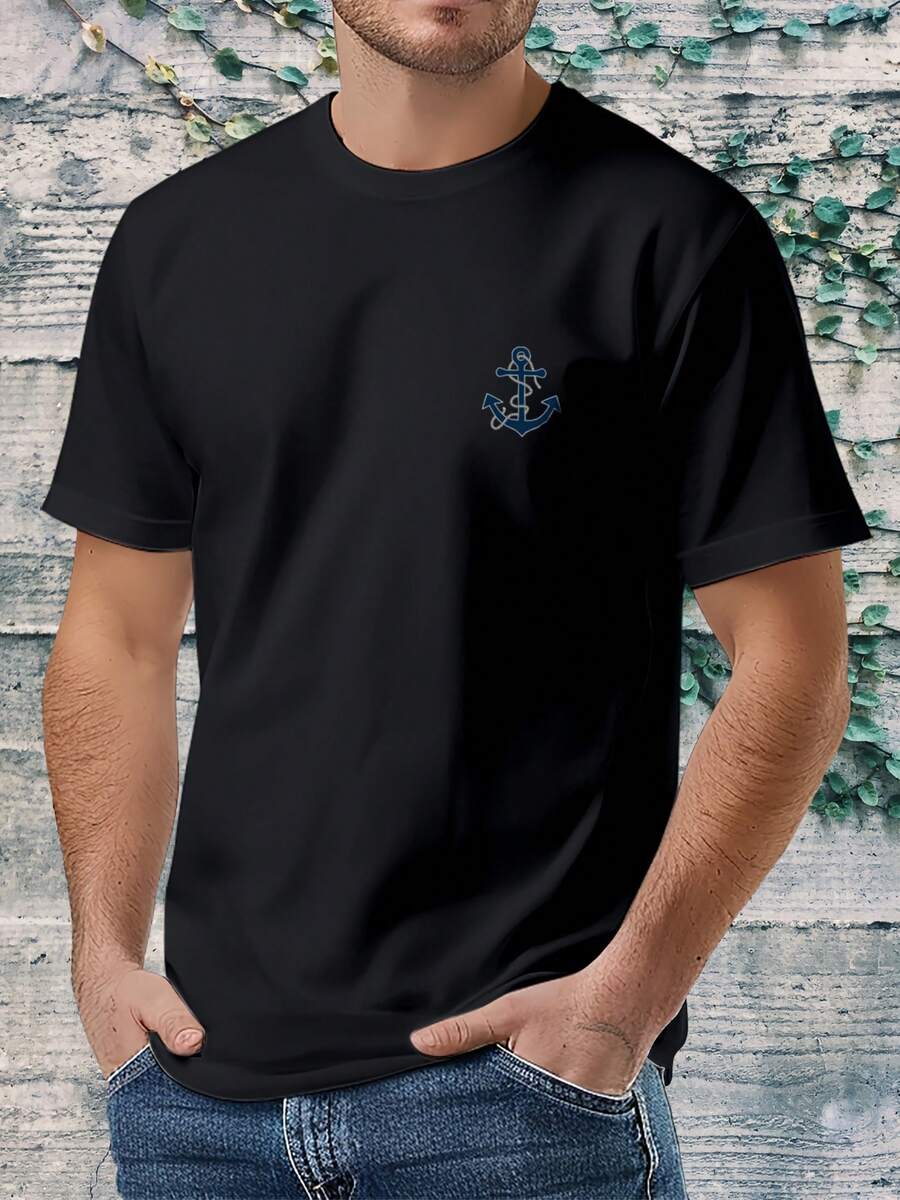 Maglietta Uomo Girocollo Maniche Corte 100% Cotone 180g, Stampa Ancoraggio Stellato Dal Design Retrò, Tessuto Morbido Traspirante, Taglio Regolare, Stampa Resistente Ai Lavaggi, Stile Casual Moderno, Indumento Estivo Versatile Per Uso Quotidiano E Svago. - Black - View 1