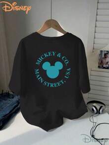 Disney Women's T-Shirt Fashion Joker New Ladies' Short Sleeves, Disney Authentic Mickey & Co.1928 Slogan With Two Prints, Durable And Machine Washable, Suitable For All Seasons, Fashionable And Necessary For Going Out And Commuting, Comfortable T-Shirt. - Black - View 2