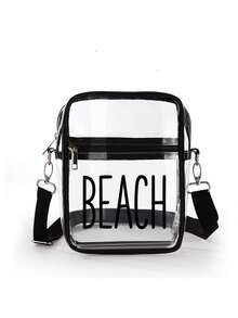 1pc Clear Crossbody Makeup Bag, Printed Beach Word ,Transparent Cosmetic Pouch With Adjustable Strap, Travel Toiletry Bag, Suitable For Vacations - Multicolor - View 14