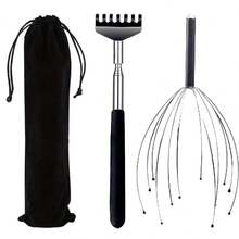 3pcs Manual Head Massage Set (Battery-Free), 12-Finger Massage Tool, Stainless Steel Telescopic-Handled Back Scratcher, No Need To Ask For Help When You're Itchy, Neck And Back Massager, Massager - A - View 9