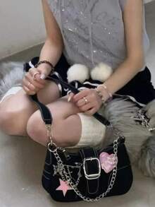 1件裝藍色鏈條女款單肩包，時尚百搭小眾設計，休閒輕便個性鬆弛感極簡肩背包 - 黑色 - 查看 3