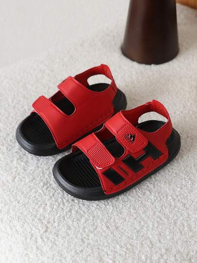 1 Pair Kids Summer Hook And Loop Open Toe Beach Sandals, Unisex Children Sports Casual Slippers