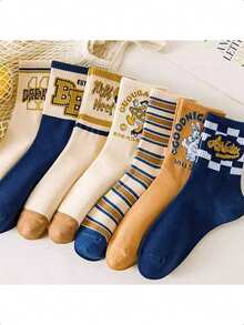 7pairs/set Women's Mid-length Socks With Stripes, American Collage Style, Street Style, Ins Fashion, Sailor Style - Multicolor - View 4