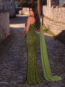 Faeriesty Đầm dạ hội lệch vai dáng đuôi cá lấp lánh đính sequin sang trọng dành cho nữ - Lý tưởng cho các đám cưới xa hoa, dạ tiệc, lễ trao giải, sự kiện thắt cà vạt đen và các dịp thảm đỏ. - Màu xanh Ô liu - Xem 2