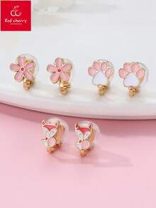 3 对彩色锌合金花朵和狐狸爪印夹式耳环，适合女孩，可爱无穿孔首饰，适合日常佩戴 - 彩色 - 查看 6