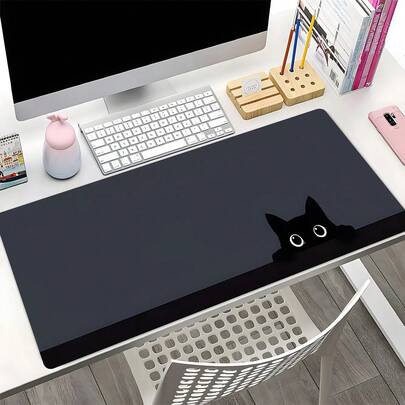 1pc Minimalist Peeking Black Cat Large Desk Mat | Cute Minimalist Anti-Slip Office/Gaming Pad, Solid Black Background With Adorable Peeking Black Cat, Smooth High-Density Surface For Precise Mouse Movement, Large Size Fits Keyboard & Mouse, Anti-Slip Edging Design, Water-Resistant Easy To Clean, Creates A Fresh And Healing Desktop Atmosphere.
