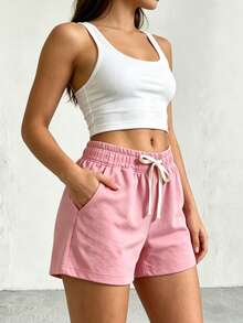 Women's Adjustable Elastic Waist Sports Shorts, Suitable For Girls' Summer Activities, Running And Indoor Exercises - Pink - View 4