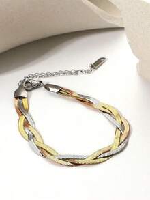 RAYQUEEN 2pcs/Set 316 Stainless Steel Snake Chain Necklace + Bracelet With Three Colored Hand Woven Design For Women, Waterproof And Suitable For Daily Wear - 金雙層 - 查看 8