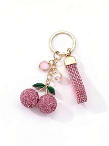 Un hermoso y exquisito llavero con forma de corazón adornado con cerezas brillantes y gotas con aspecto de oso, hecho de aleación, perfecto como un accesorio suave y glamoroso para bolsos, y un regalo memorable para la familia. - Multicolor - Ver 5