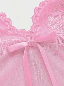 ROMWE J-Fashion Y2K y Vestido Transparente con Lazo, Encaje y Malla de Patchwork de Vanguardia - Rosa vieja - Ver 3