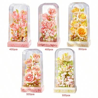 320/400+/500+Particles To Build A Simulated Flower. Square Flower With Transparent Dust Cover, Adults DIY Assemble Block Shaped Flowers, Simulate Flower Creative Decoration, Display Decoration, Plant Landscaping. Assemble Building Block Models. Suitable As Holiday And Birthday Gifts For Friends