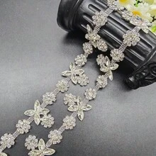 1码奢华闪亮水钻花朵链饰边，适合DIY的闪亮水晶贴花，可用于婚礼、舞会和DIY装饰项目 - 銀色 - 查看 3