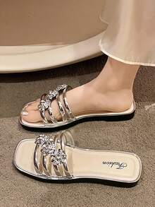 Nuevas sandalias de playa para vacaciones de verano,diseño moda,punta cuadrada,sandalias con flor de strass para mujer,pantuflas planas ligeras ideales para uso diario y salidas - Plateado - Ver 4