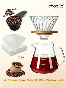 choxila 2/4pcs Coffee Maker Set, Portable Manual Coffee Maker Set, Drip Coffee Filter Set, Including Glass Pot, Ceramic Filter Cup, Filter Papers And Coffee Spoon, Home Barista Accessories - Coffee Pot Set - View 8