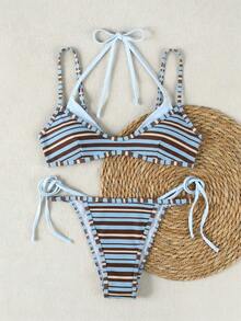 New Spring/Summer Vintage Blue Striped Patchwork Halter Casual Sexy Elegant Bikini Swimsuit Set, Suitable For Beach, Vacation, Party - Multicolor - View 3
