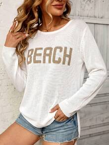 Pulover tricotat lejer cu mânecă lungă și litere, casual, pentru femei, model plajă, guler rotund, mânecă lungă, semitransparent, tricotat, model resort pe plajă, pulover tricotat cu mânecă lungă, alb, model resort - alb - Vizualizare 8